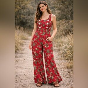 Jeffrey & Dana Vintage Rayon Floral Print Wide Leg Jumpsuit Red Size 10